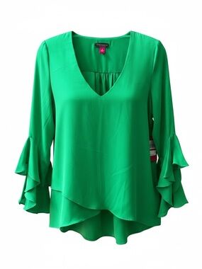 Vince Camuto Vivid Green V-Neck Ruffle Sleeve Top Size XS